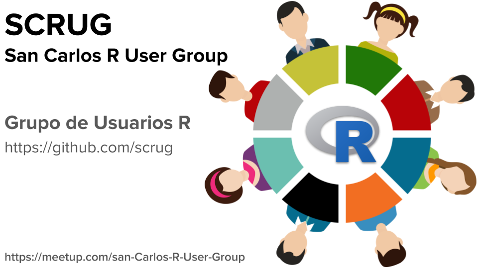 San Carlos R User Group (SCRUG) branding with community avatars around the R logo