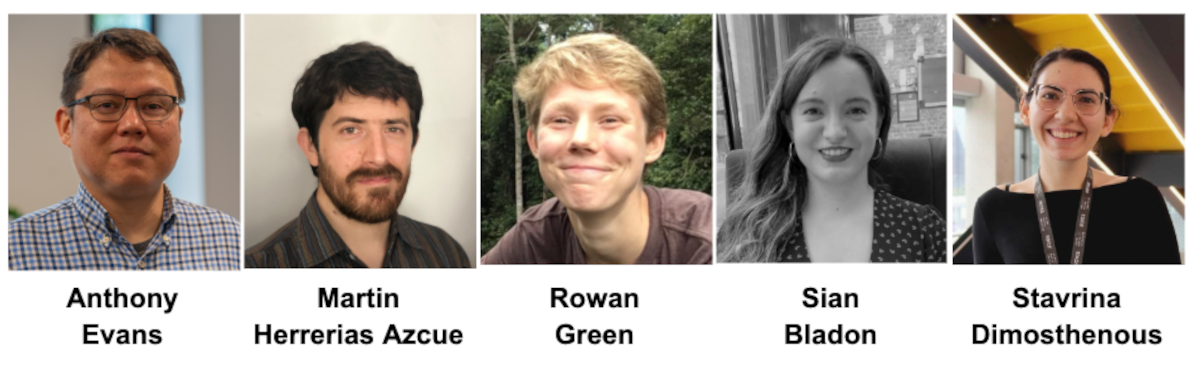 Headshots of Anthony Evans, Martin Herrerias Azcue, Rowan Green, Sian Bladon, and Stavrina Dimosthenous, organizers of the R User Group at the University of Manchester (R.U.M.)