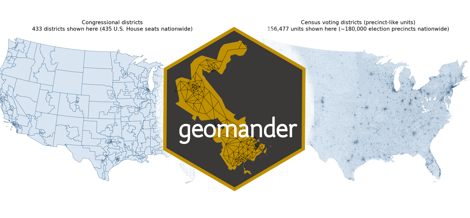 Side-by-side maps of U.S. congressional districts and much finer voting districts, with the geomander hex logo