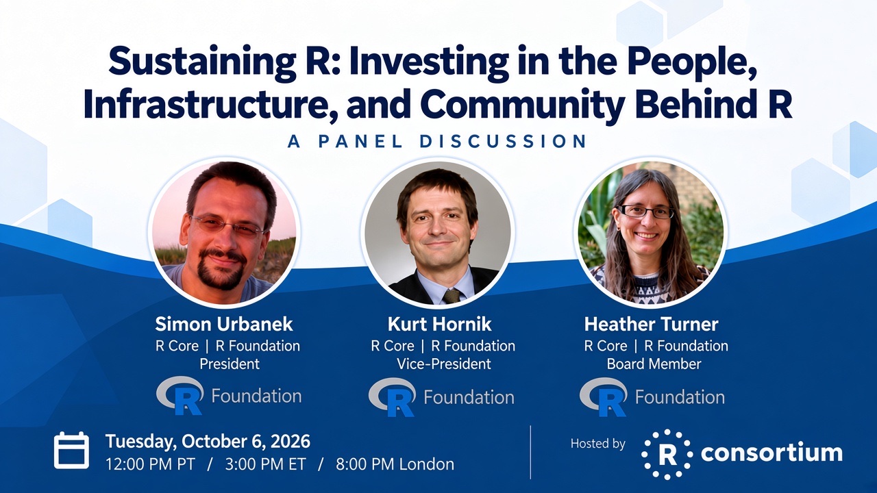 Webinar banner for Sustaining R: Investing in the People, Infrastructure, and Community Behind R, a panel with Simon Urbanek, Kurt Hornik, and Heather Turner