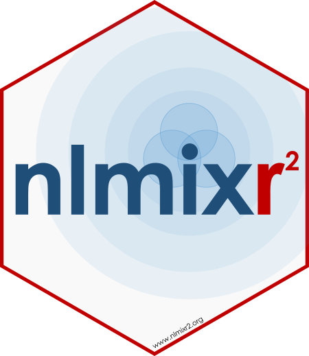 The nlmixr2 logo: a hexagonal sticker with a red border featuring nlmix in dark blue and r squared in red, with www.nlmixr2.org along the bottom edge