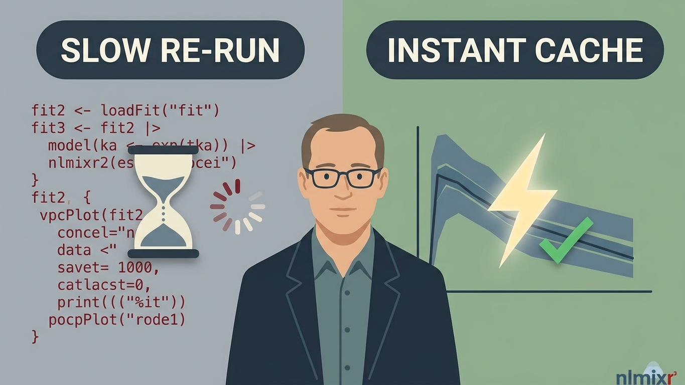 Split illustration titled Slow Re-run and Instant Cache: an hourglass beside model code on the left, concentration curves with a lightning bolt and a check mark on the right, and a researcher between the panels
