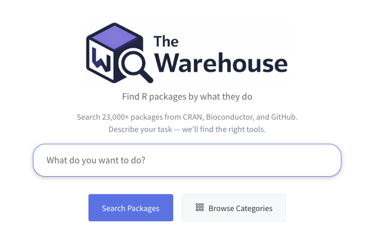 The Warehouse homepage with search bar asking What do you want to do?