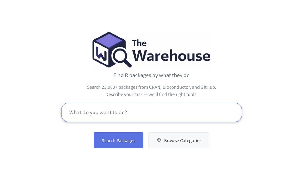 The Warehouse homepage — Find R packages by what they do