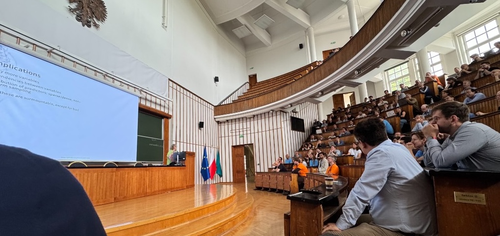 Speaker presenting in the lecture hall at useR! 2026