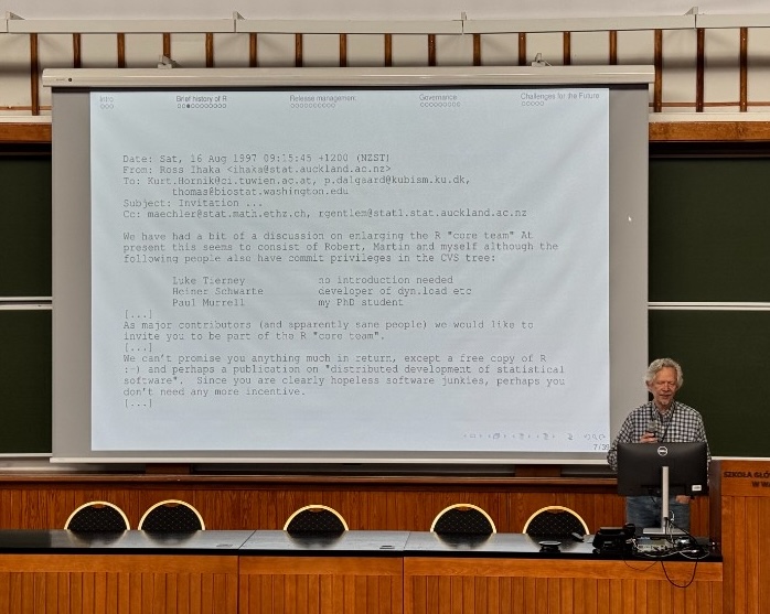 Peter Dalgaard presenting an overview of R's history, CRAN, the release process and governance