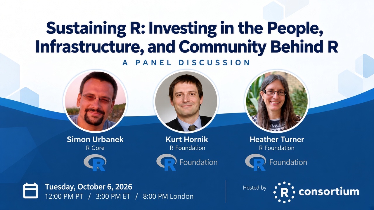 Webinar banner: Sustaining R: Investing in the People, Infrastructure, and Community Behind R — a panel discussion with Simon Urbanek, Kurt Hornik, and Heather Turner, October 6, 2026